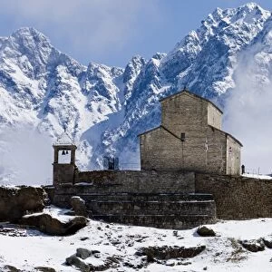 Monastery in village near Kazbegi in Great Caucasus Mountains Georgia
