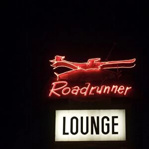 Neon Roadrunner sign outside restaurant in Socorro New Mexico USA