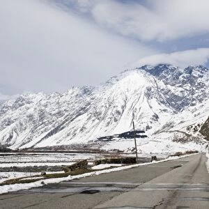 Road leading to Kazbegi in Great Caucasus Mountains Georgia April