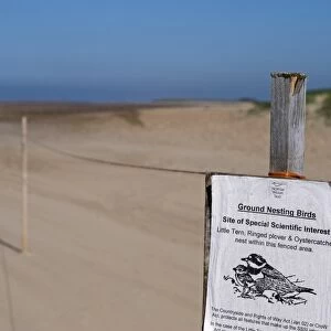 Sign on roped off area warning visitors to stay clear of nesting area on beach at