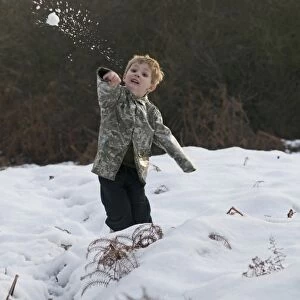 Young boy throws a snowball Kelling Norfolk December