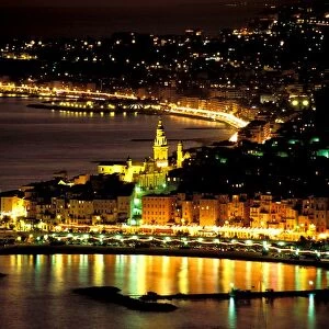 Europe, France, Cote D Azur, Menton. Town view at night