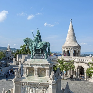 Europe, Hungary, Budapest, Fishermans Bastion, Stephen I statue