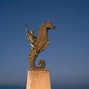 Mexico, Puerto Vallarta. Famous seahorse sculpture along the Malecon