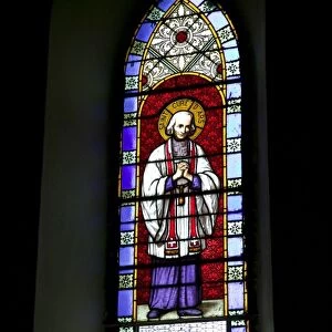 New Caledonia, Northern Grande Terre Island, Puebo. Stained glass window of Catholic mission