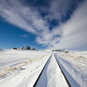 North America; USA; Washington; Pullman; Country Railroad tracks running through the snow