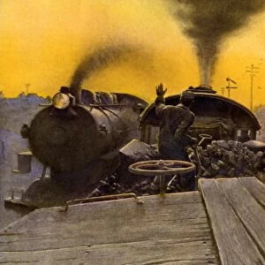 Steam locomotives passing each other, early 1900s