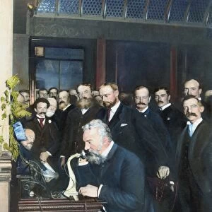 ALEXANDER GRAHAM BELL (1847-1922). American (Scottish-born) teacher and inventor. Bell at the New York end of the first long-distance telephone call to Chicago, 18 October 1892. Oil over a photograph