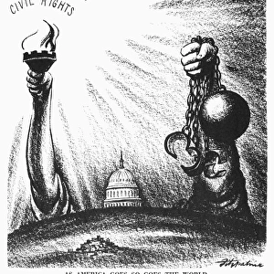 As American Goes, So Goes the World. American cartoon by D. R. Fitzpatrick, 1953, on the emphasis in President Eisenhowers inauguration speech on the importance of preserving freedom at home as well as abroad