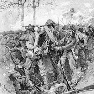 BATTLE OF FREDERICKSBURG. Confederate troops under Generals T. R. R. Cobb and Joseph Kershaw, behind a stone wall on Maryes Heights, during the Civil War Battle of Fredericksburg, 13 December 1862. Line engraving by Allen Christian Redwood, c1886