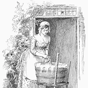COLONIAL LAUNDRESS. A colonial American laundress. English line engraving after an illustration by Hugh Thompson, 1894