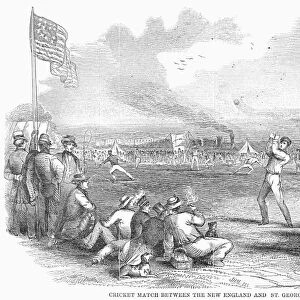 CRICKET MATCH, 1851. Cricket match between the New England and St. George clubs. Wood engraving, American, 1851