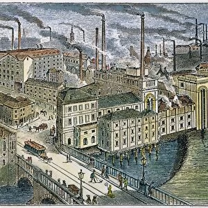FACTORIES: ENGLAND, 1879. View of Sheffield, England, showing the citys many factories and steel works: English engraving, 1879