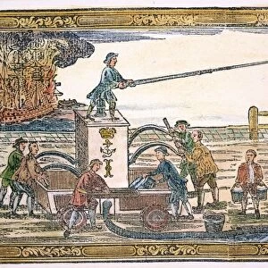 FIRE ENGINE, 1760. A colonial American fire engine in operation: woodcut from a broadside