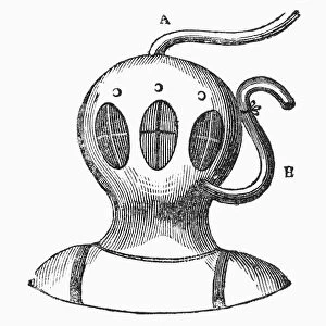 FIRST DIVING HELMET. First diving helmet, invented by Charles Deane, c1824. Contemporary wood engraving