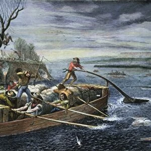 FUR TRADERS on the Missouri River attacked by Native Americans. Colored engraving, 1868