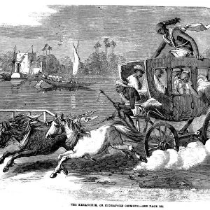 INDIAN OMNIBUS, 1859. The Keranchie, or Kidrapore omnibus, on the outskirts of Calcutta, India. Wood engraving, English, 1859