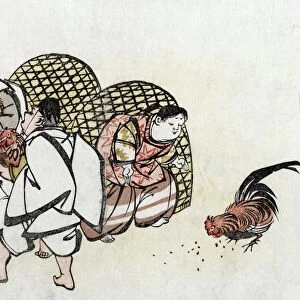 JAPAN: ROOSTERS, 1859. Two men holding fighting roosters while a woman feeds a