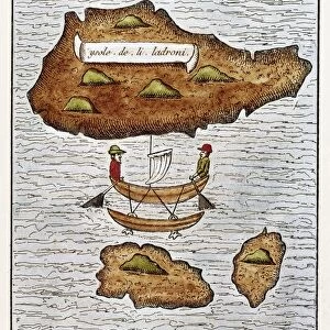 THE LADRONE ISLANDS. Engraving of Antonio Pigafettas map of the Ladrone Islands discovered by Ferdinand Magellan and his crew in 1521