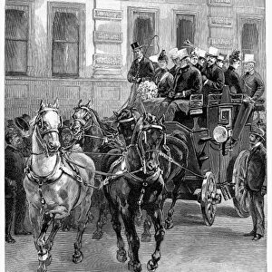 LONDON: COACHING, 1888. During the Republican National Convention of 1888, James Blaine visits London, England, and goes for a ride in the box seat of Andrew Carnegies coach. Wood engraving from an American newspaper of 1888
