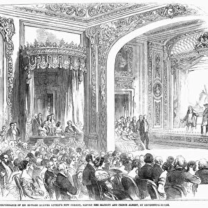 LONDON: PRIVATE THEATER. Amateur performance of Sir Edward Bulwer Lyttons new comedy, before her majesty and Prince Albert, at Devonshire House, London, England. Wood engraving, 1851