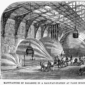 Manufacture of hot air balloons in a railway station in Paris during the Franco-Prussian War, 1870-71