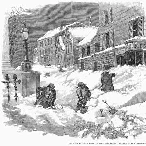 MASSACHUSETTS: BLIZZARD. The Recent Deep Snow in Massachusetts: Street Scene in New Bedford. Wood engraving, American, 1857