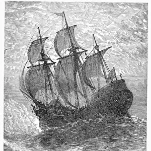 MAYFLOWER AT SEA, 1620. The Mayflower at sea during the Pilgrims voyage to America. Wood engraving, American, late 19th century