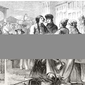 MONTREAL MARKET, 1859. / n Montreal Market: Habitans Purchasing Cloth. Wood engraving
