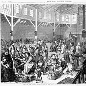MORMON IMMIGRANTS, 1878. Mormon immigrants from Europe being processed at Castle Garden, New York. Wood engraving, American, 1878