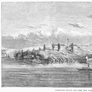 NEW YORK: GOVERNORs ISLAND. Governors Island and fort in New York Harbor. Wood engraving, American, 1865