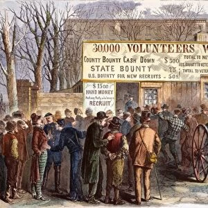 NY: RECRUITING STATION. A Union Army recruiting station in City Hall Park, New York City: engraving, 1864