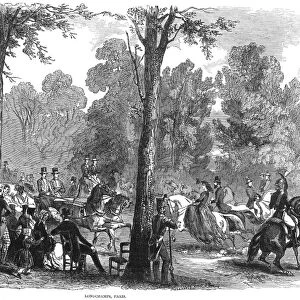 PARIS: LONGCHAMPS, 1846. A fashionable crowd at Longchamps on the outskirts of Paris, France. Wood engraving, English, 1846