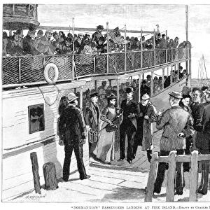 Passengers from the cholera-stricken liner, S. S. Normannia, entering quarantine at Fire Island, New York. Wood engraving, American, 1892