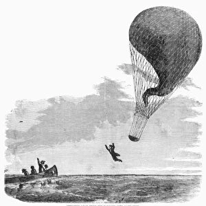 Professor John Steiner leaping from his hot air balloon into Lake Erie during an attempt to fly to Canada in 1857. Contemporary American wood engraving
