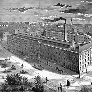 TOBACCO FACTORY, 1876. P. Lorillard & Co.s tobacco factory in Jersey City, New Jersey. Line engraving, 1876