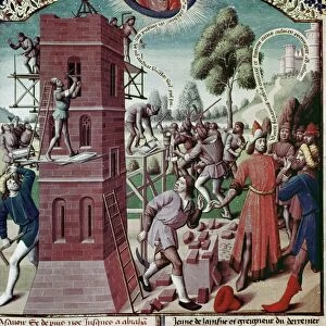 THE TOWER OF BABEL. 15th Century French manuscript illumination by Master Francois