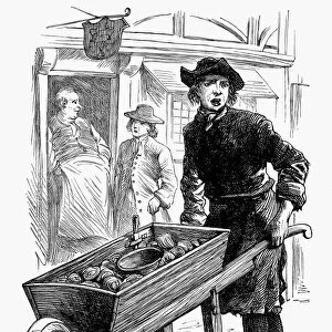 TOWN CRIER, 18th CENTURY. Twelve pence a-peck, Oysters! An 18th century London, England, town crier offering oysters for sale. Wood engraving, American, 19th century