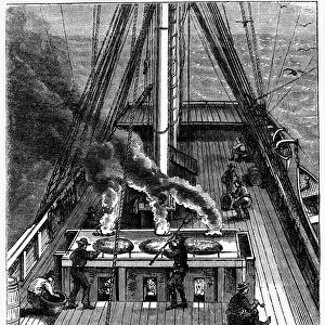 WHALING: TRYING OUT, 1874. Try-works or boilers set in brick on the deck, are used to reduce the whale blubber to oil in the process called trying out. Wood engraving, American, 1874
