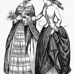 WOMENs FASHION, 1851. Ladies fall walking and riding dresses. Fashion illustration from an American magazine of 1851