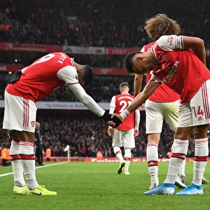 Arsenal's Aubameyang and Lacazette Celebrate Goal vs. Wolverhampton Wanderers (2019-20)