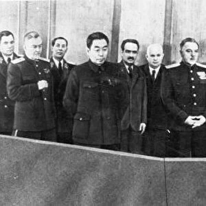 A, y, vishinsky signing the treaty of friendship, alliance, and mutual assistance between the soviet union and the chinese peoples republic in 1950, (left to right: a, a, gromyko, n, a, bulganin, n, v, roshchin, chou enlai, a, i, mikoyan, n, khrushchev, k, voroshilov, v, m, molotov, stalin, mao zedong, b, v, podtserop, n, t, fedorenko, wang cha hsiang, g, m, malenkov, cheng po ta, l, p, beria, mr, azizov, and l, m, kaganovich)