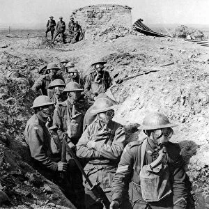 Australian infantry, small box respirators at The First World war Battle of Ypres 1916