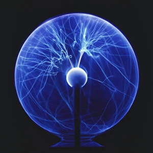 Blue glass globe filled with bright plasma lines