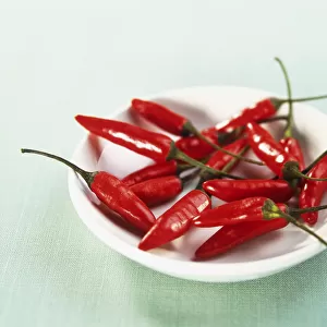 Capsicum frutescens var. tabasco, bowl of red chilli peppers used in Tabasco sauce