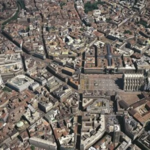Italy, Lombardy Region, Milan, Aerial view of city centre with Piazza Duomo
