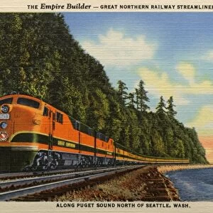Streamliner Along the Puget Sound. ca. 1948, North of Seattle, Washington, USA, The route of the Empire Builder, extends between Seattle-Portland and Chicago, via Spokane and Minnesotas Twin Cities. The five de luxe streamliners in this fleet provide daily departures in both directions from every point served. Every travel luxury and comfort is available, at no extra fare