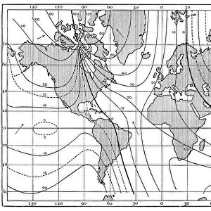 Antique map of lines of equal magnetic declination, 1885