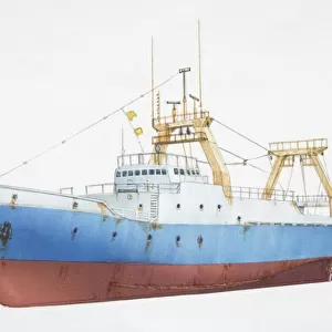 Blue and white fishing trawler, side view