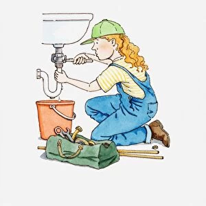 Illustration of female plumber fixing pipe on a sink
